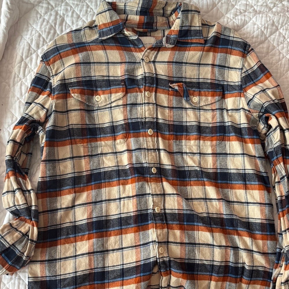 American Eagle Outfitters Plaid Shirt in Navy, Rust, and Cream